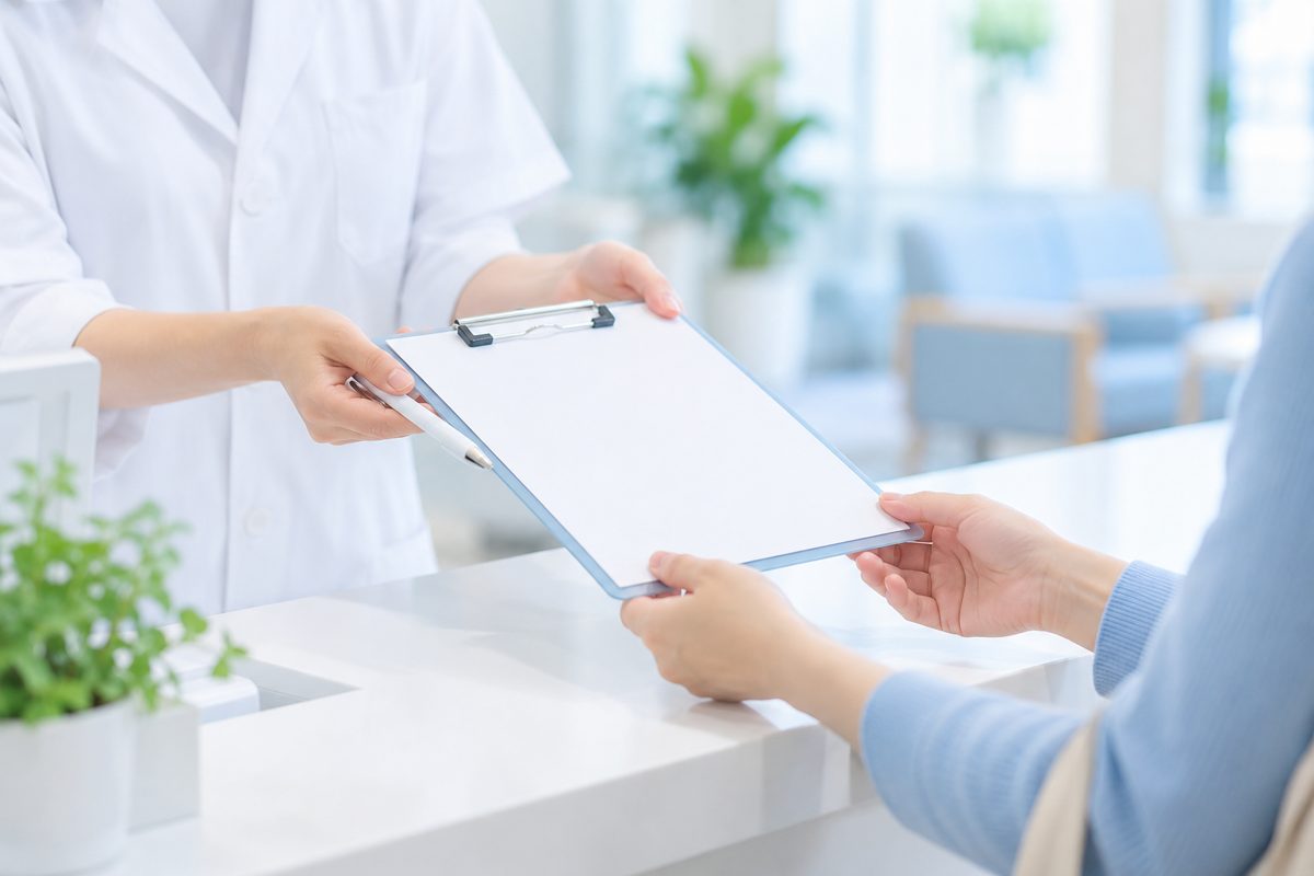 クリニックの受付で問診票を受け取る様子